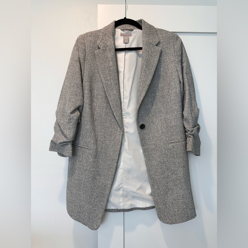 H&M Gathered 3/4 Sleeve Single Button Blazer Jacket Gray Large